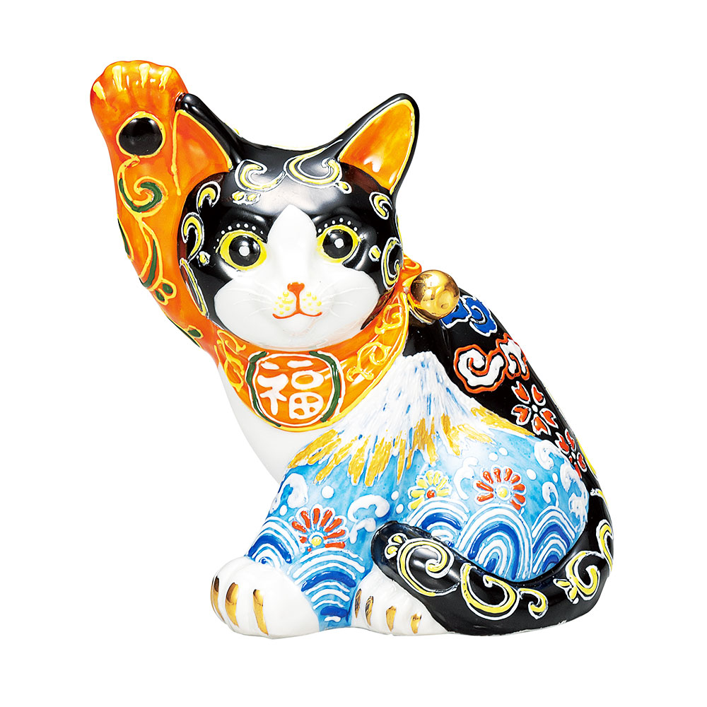 送料無料】九谷焼 5.5号招き猫 白富士菊水＜送料無料 置物 縁起物