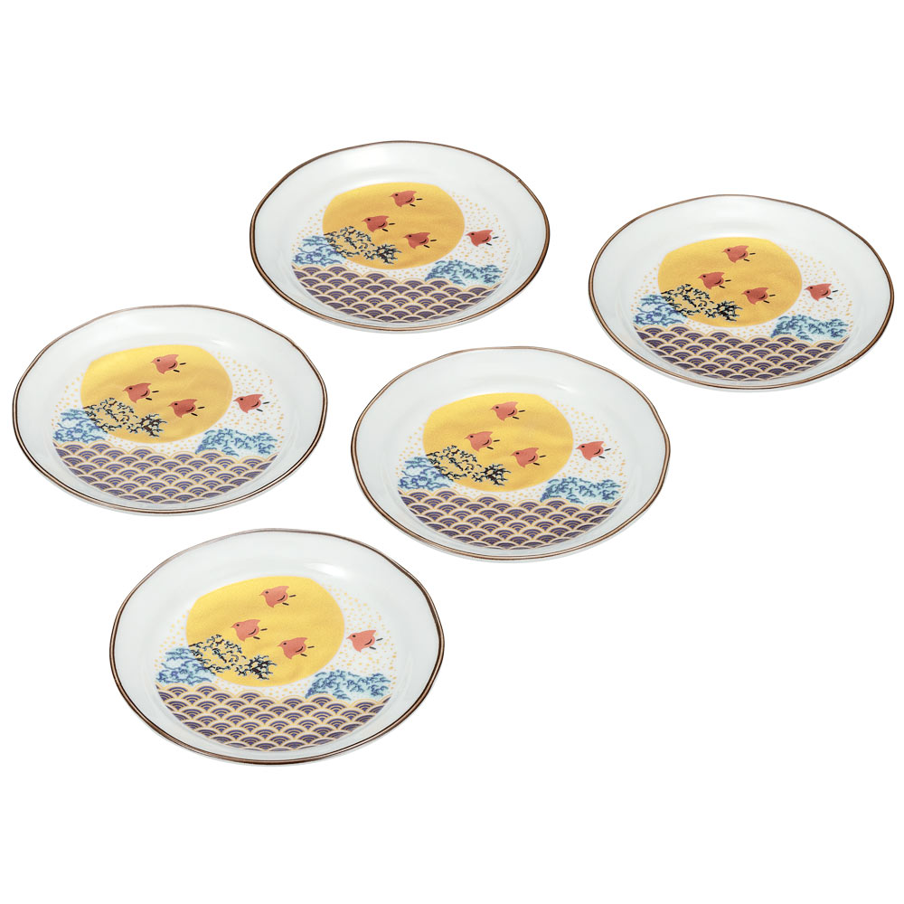 九谷焼 4.5号皿揃 波千鳥＜送料無料 和食器 皿 人気 ギフト 贈り物 結婚祝い/内祝い/お祝い/＞ 化粧箱入り