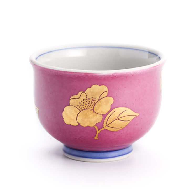 九谷焼 色絵金彩 盃 椿紋 薄紅 /錦山窯 KINZAN 和食器 酒器 人気 ギフト 贈り物 結婚祝い 内祝い お祝い 化粧箱入り