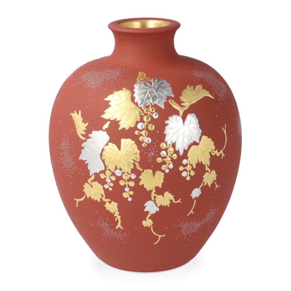 九谷焼 花瓶 白金盛葡萄図白粒(朱地) / 仲田錦玉 桐箱入 高級 花器 伝統工芸品 ギフト 贈り物 お祝い 法人ギフト 開業祝い お返し 記念品 日本製 インテリア 置物