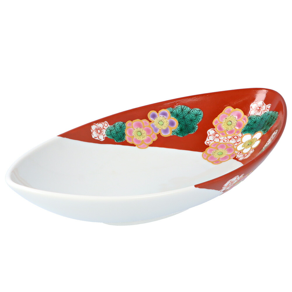 九谷焼 舟型皿 花木米 赤 / 中川眞理子 | 鉢 盛鉢 和食器 花柄 カラフル 化粧箱入り｜使う・贈る 九谷焼専門店 陶らいふ
