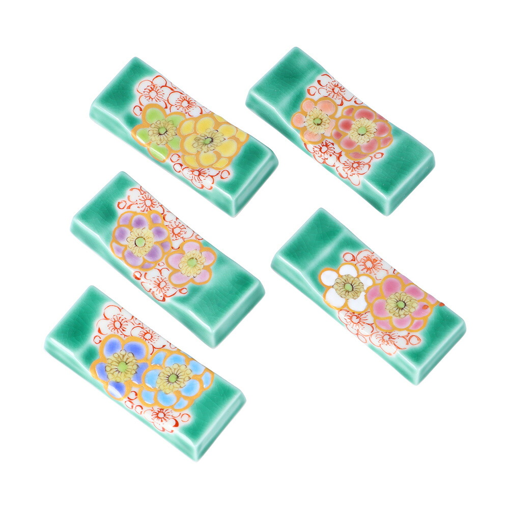 九谷焼 箸置き 5個セット 花木米【緑】 / 中川眞理子 | 食卓小物 はし置き セット 和食器 カトラリー 化粧箱入り