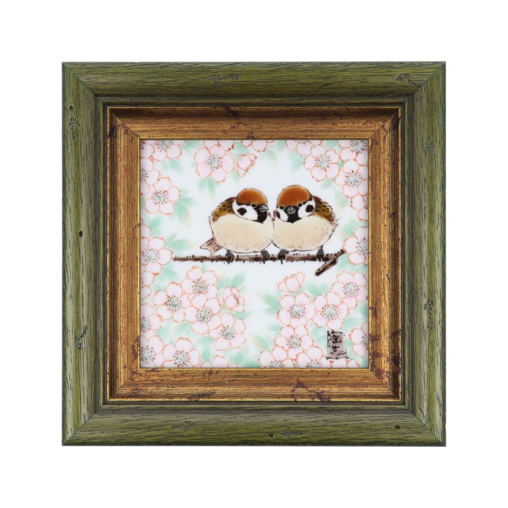 陶額】中村陶志人 牡丹とふくら雀 一輪生（口花型）牡丹二雀図 /