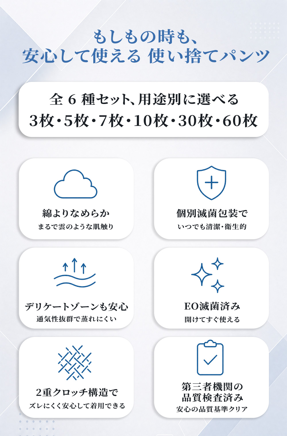 【10％クーポン限量☆楽天1位・雑誌掲載】即納 183円/1枚 EO滅菌済100％コットン　TOUSEN正規品　使い捨てパンツ 綿100％ 使い捨てショーツ 入院 便利グッズ 下着 レディース 女性下着 入院 海外旅行 防災 避難 非常時 介護 施術 生理 個別包装 出産準備 旅行用