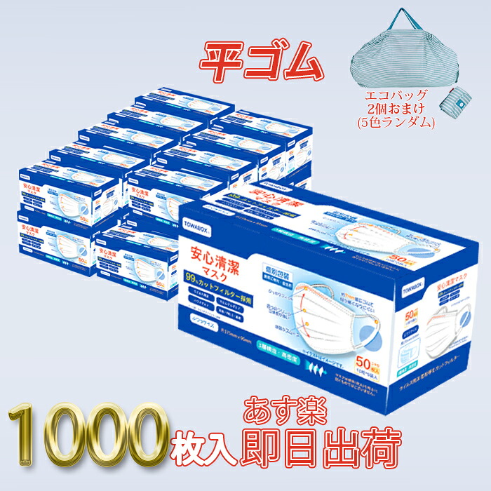 50 Off エコバッグ2個おまけ マスク 1000枚 平ゴム 不織布 3層構造 耳が痛くならない 使い捨てマスク 大きめ 普通サイズ 飛沫対策 花粉対策 男女兼用 ひも式マスク 10枚づつ 個別包装 耳 箱 あり 在庫 使い捨て 立体 大人用 ノーズフィットバー付き レギュラーサイズ