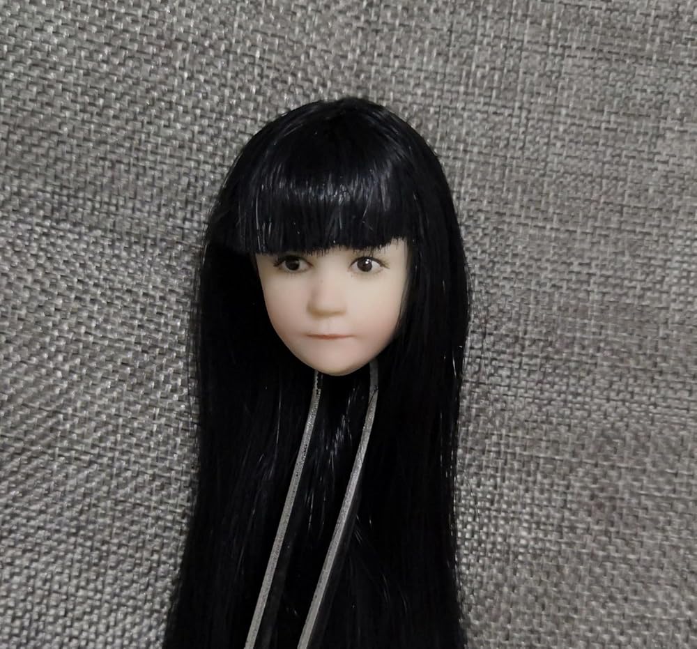 1/6スケール アクションフィギュア用リトルロリ美少女 パール白肌 ふくれっ面ブラックヘア アジアン美人女性ヘッド(素体と服は含みません)
