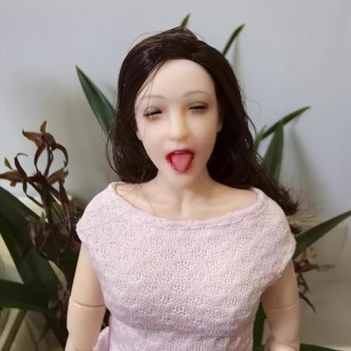 1/6フィギュア用パール白肌 目を閉じて 閉目舌を出す表情 パーマロングヘア アジアン美人女性ヘッド(素体と服は) (ブラウンヘア)