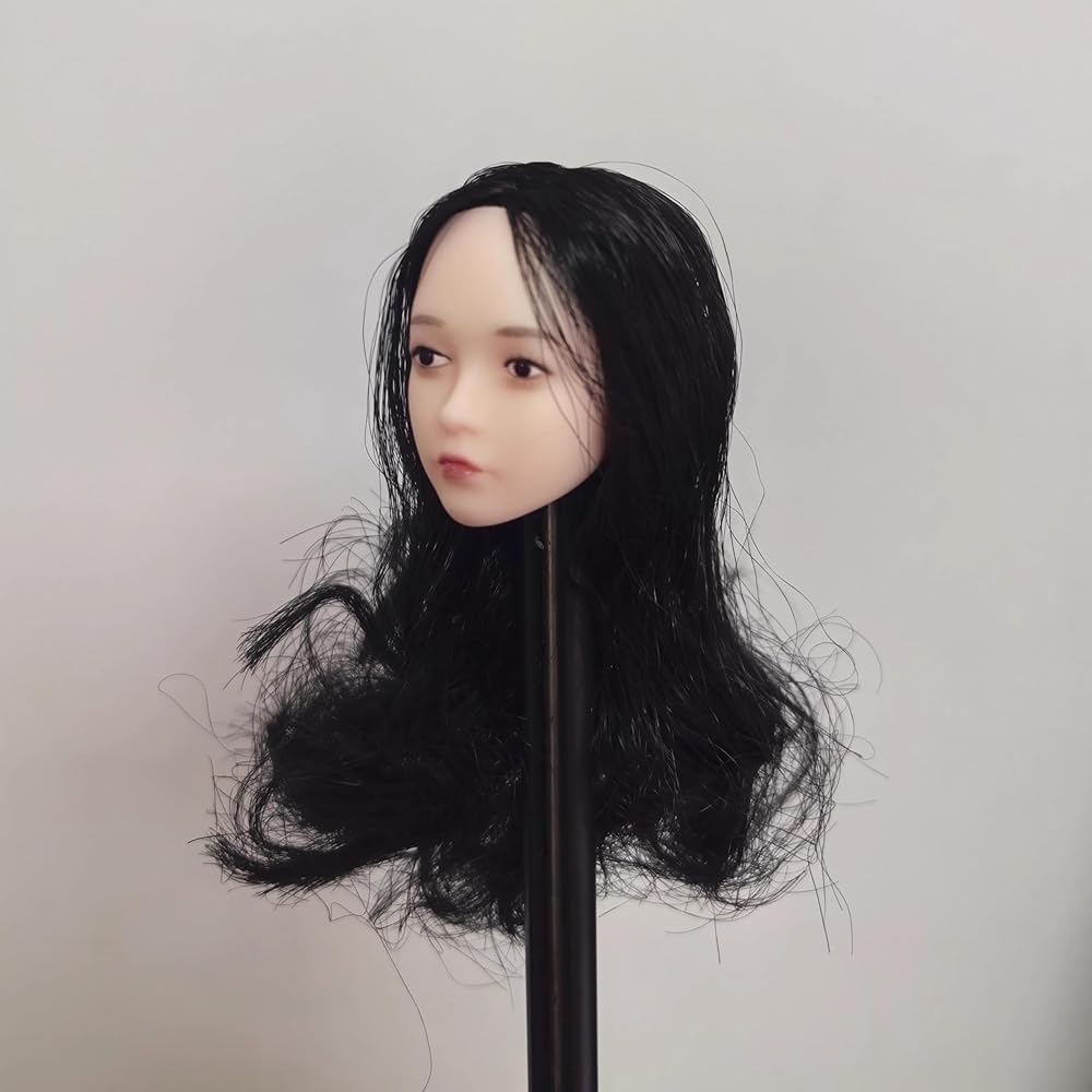 1/6フィギュア用パール白肌 可愛いジュニアロリータ美少女 女子高生 ロングヘア アジアン美人女性ヘッド(素体と服は別売) (ブラックパーマヘア)