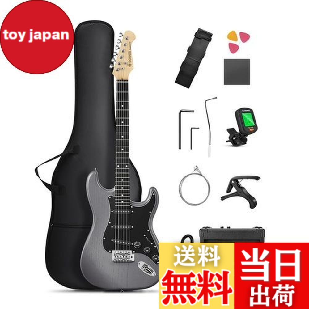 【送料無料】Donner エレキギター 初心者セット STタイプ SSSピックアップ 39インチ フルサイズ ミニアンプ付き 専用ケースとチューナーなどアクセサリー9点セット DST-80B マットブラック｜toy japan