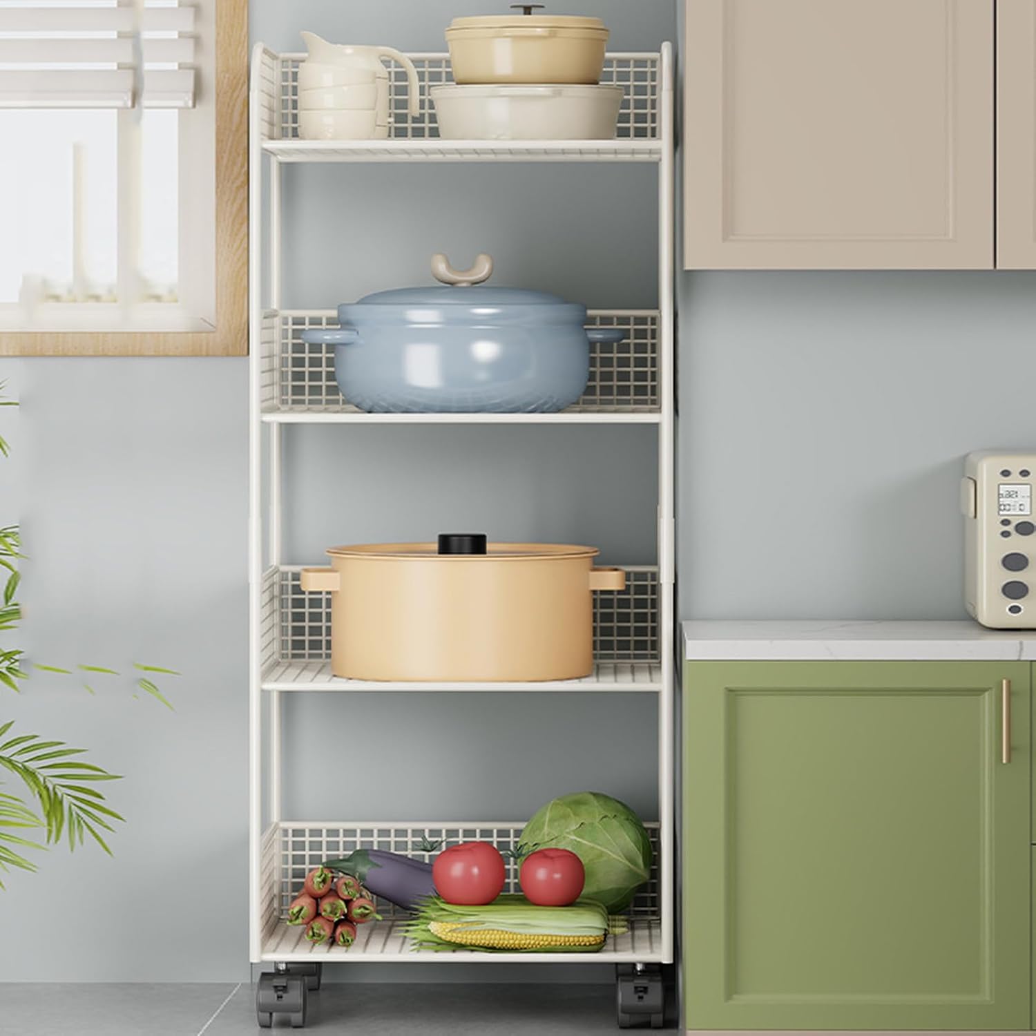 キャスター付き 移動らくらく ホワイト 43*30*77 キッチンワゴン ストッカー ラック 棚 ネイルラック 収納棚 キッチン収納 カゴ 小物 野菜ストッカー パントリー ミニワゴン 野菜ラック メ