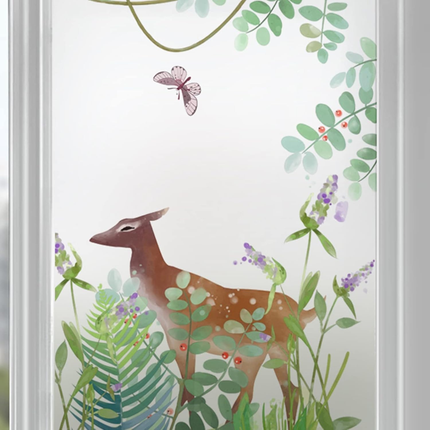窓 めかくしシート 57x90cm すりガラス 外から見えない 森の鹿柄 バスルーム 部屋 窓用フィルム ガラス断熱シート 紫外線カット 水で接着 貼り直し可 目隠しフィルム 遮光シート 窓ガラス フ