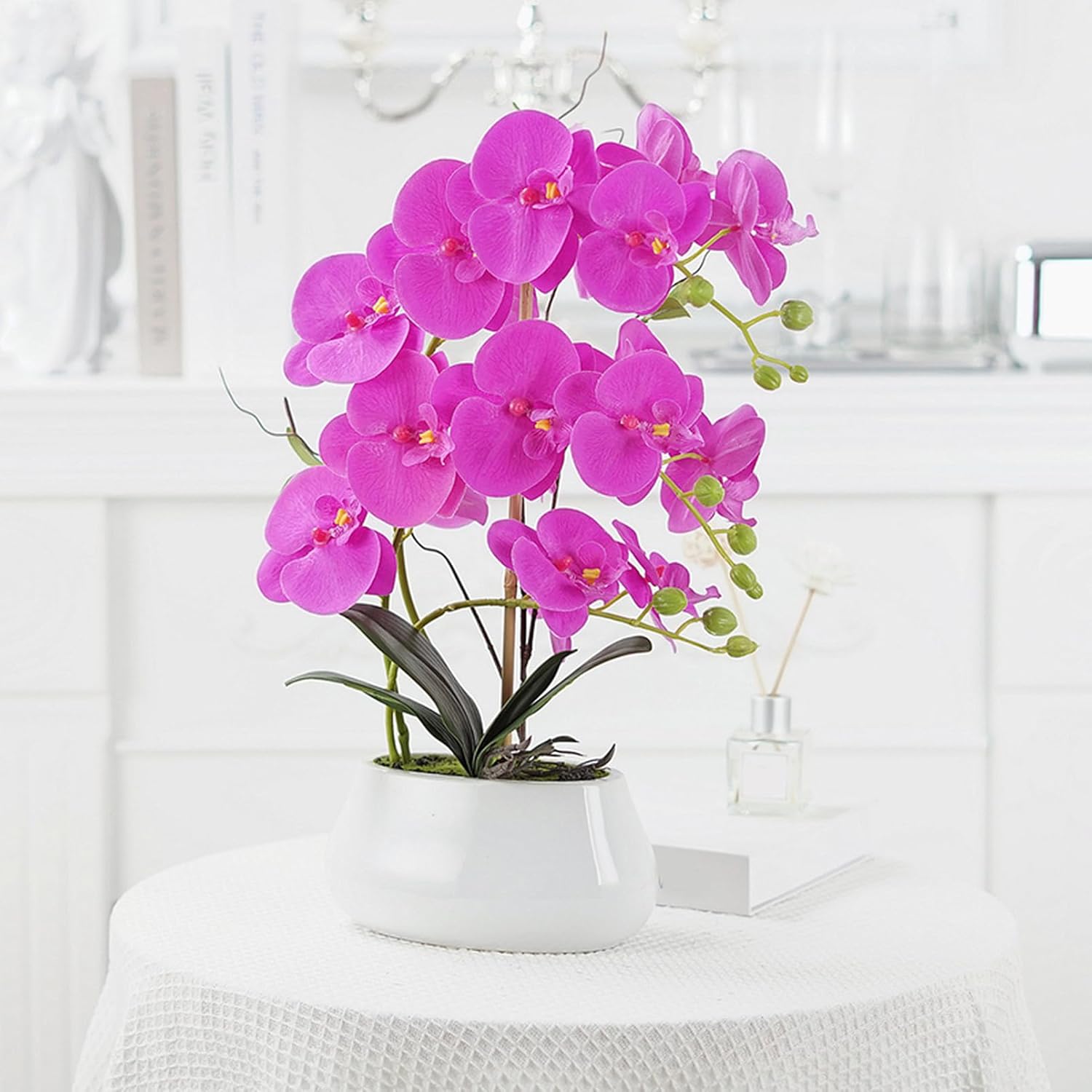 造花 陶器花瓶付き F 卓上 枯れない テーブルセンターピース リビング 玄関 ロビー 耐久 耐退色 耐候 リアルな質感 繊細な葉 自然な姿 新築祝い カラー13 フラワーアレンジメント 置物 オブジ