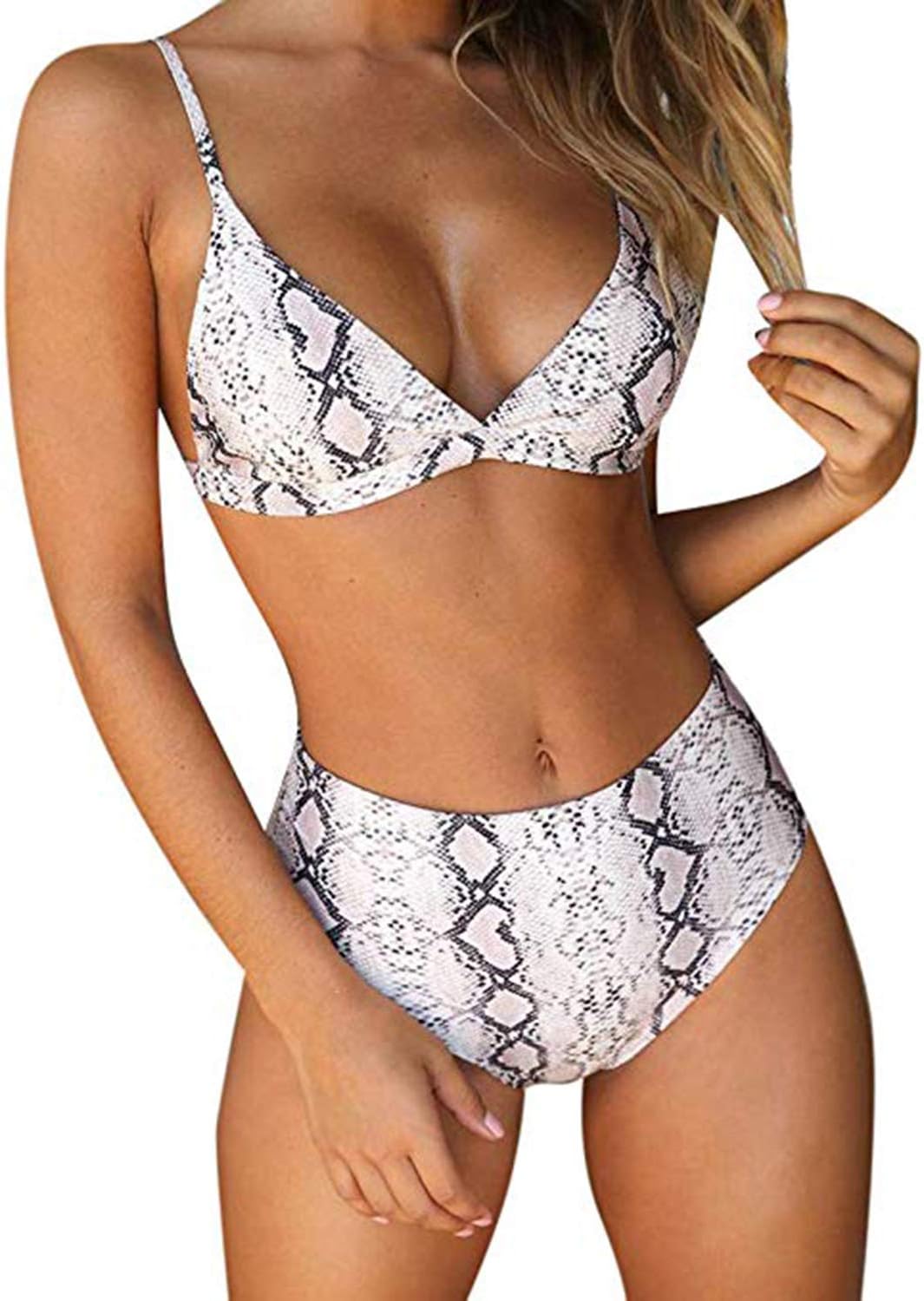 水着 レディース セクシービキニ 2点セット ストラップ 体型カバー 胸パット付 バックバックル ハイウエスト 蛇紋 ファション