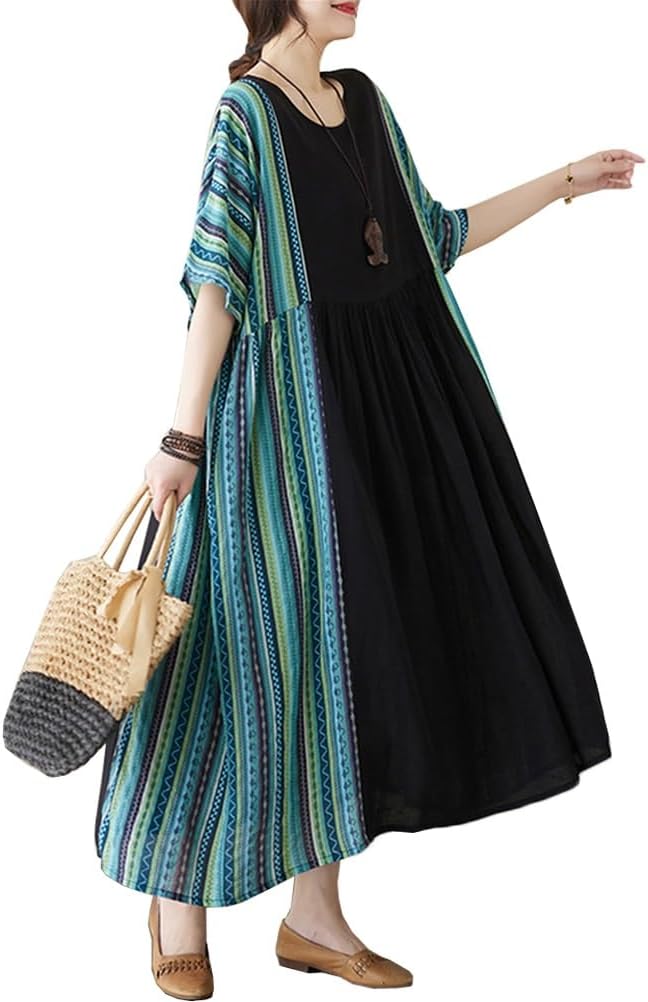 レディース ワンピース ドレス ロングワンピース オーバーサイズワンピース 半袖ワンピース 夏服 カジュアル クルーネック 半袖 ファッション ゆったり 体型カバー 大きいサイズ 快適 ストライプ