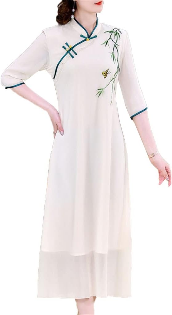 チャイナドレス レディース ワンピース ロングワンピースロング ドレス パーティードレス チャイナ服 マキシ丈 立ち襟 七分袖 花柄 刺繍 改良 漢服 中国風 中華風 フォーマル 春夏秋 シフォン