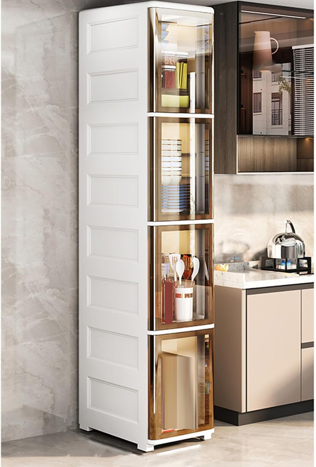 隙間収納キャビネット 収納キャビネット キッチン収納キャビネット 引き出し タイプ1 スパイスラック キッチン隙間 多層バスルーム C 狭い収納キャビネット 収納ラック磁気吸収ドア 取っ手付き 組み立|Funny Life 店