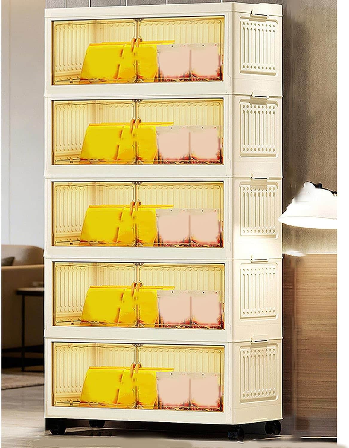 収納キャビネット 扉付き折り畳みコンテナ タイプ2 70*34*155 折りたたみ 収納ボックス 収納ケース キャスター付き 省スペース前開き 蓋付き 大容量 プラスチック おしゃれ 組立簡単 多機能|Funny Life 店