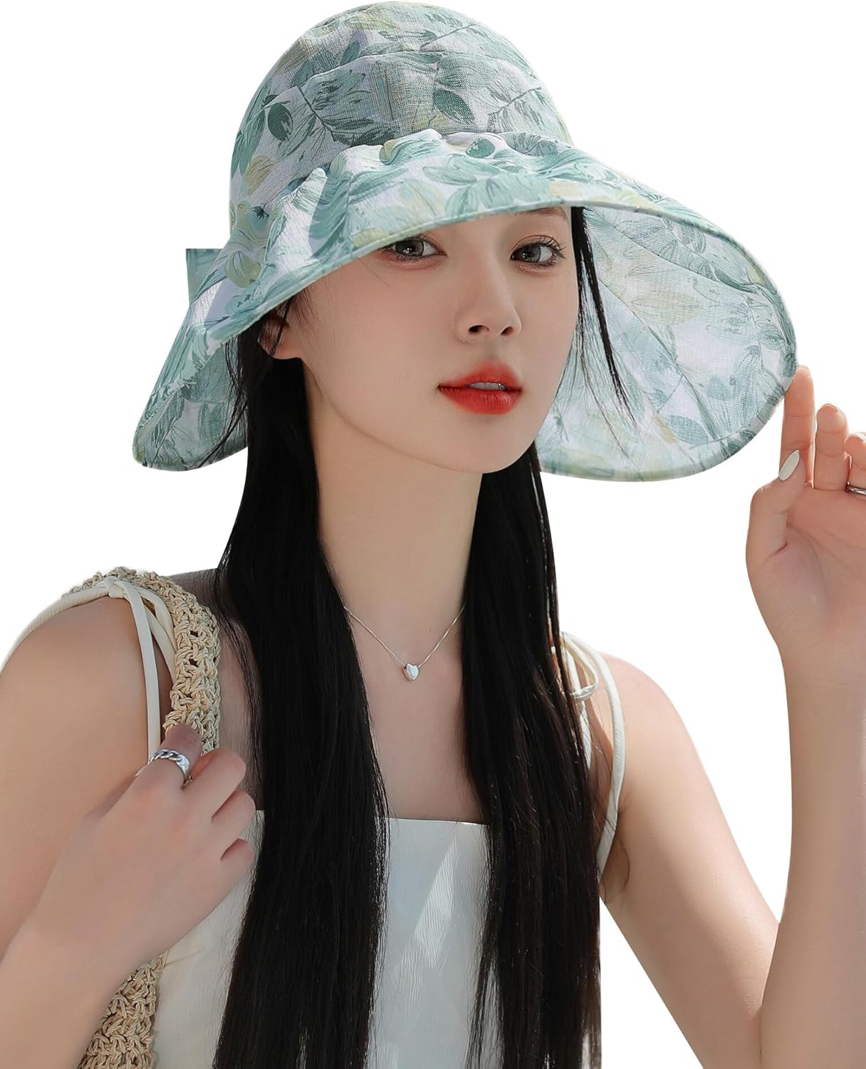 レディース UVカット帽子 夏 バケットハット つば広 バイザー 日よけ防止 小顔効果 リボンデザイン 折りたたみ あご紐付 お洒落 アウトドア用 自転車用 ビーチ 56-58cm