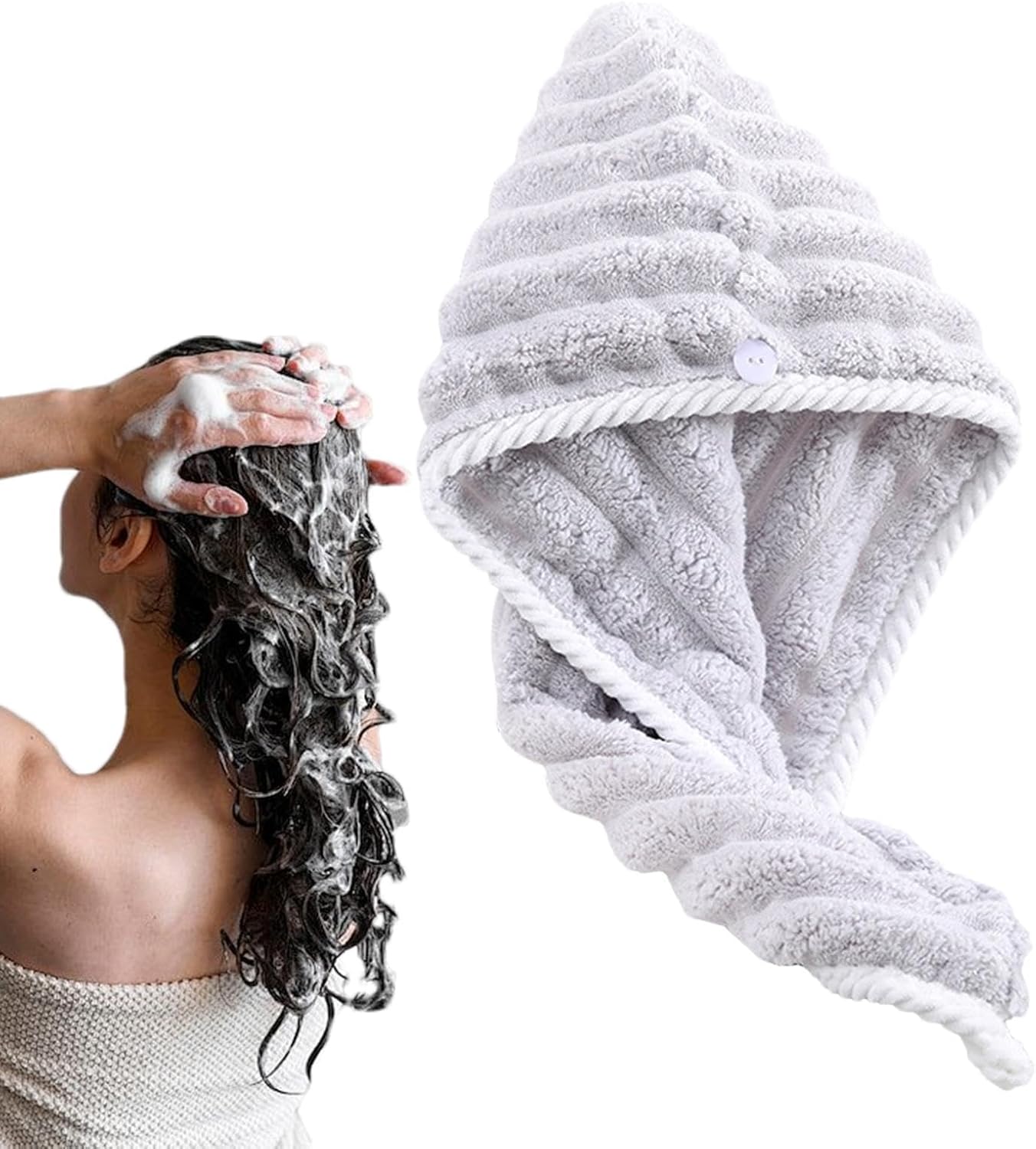 カーリーヘアドライキャップ、ヘアドライキャップ | タオルキャップ素早い吸収のためのコーラルフリースタオルキャップ - シャワーキャップ スカーフ 調節可能な人間化ヘアドライ用品 ボタン付き レディー