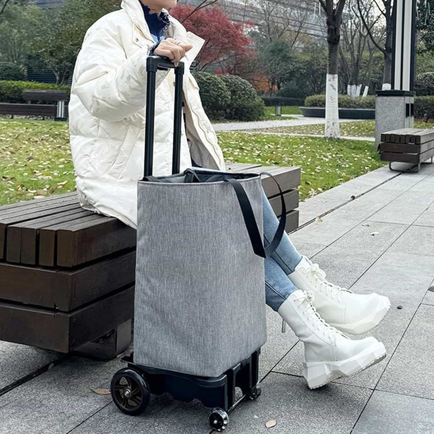 折りたたみ式 ショッピングカート F ポータブル 運搬バッグ キャスター 大容量 キャリーカート 軽量 撥水 グレー 買い物 移動 静音 防水 コンパクト ピクニック 旅行 4輪 ショッピングキャリー｜Funny Life 店