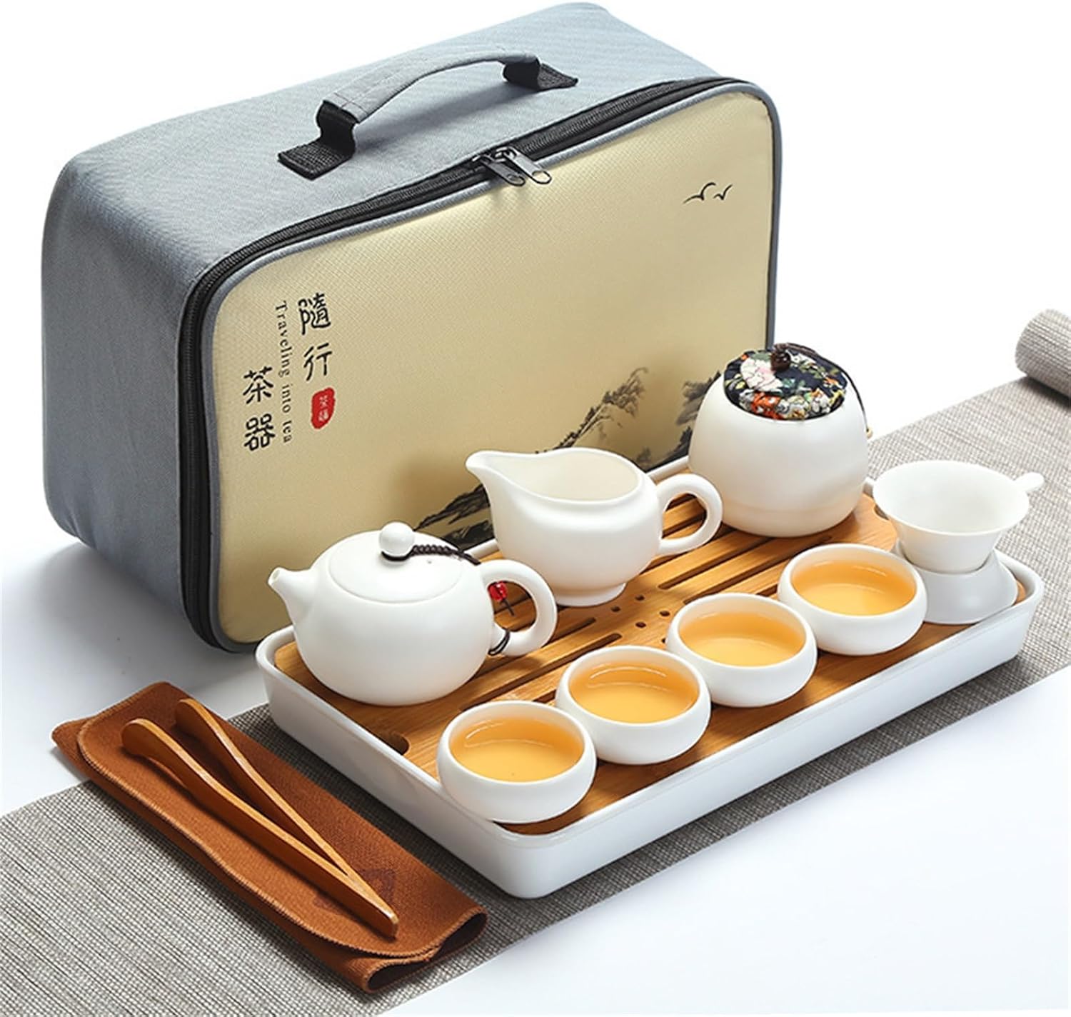 ティーポット和風急須 茶具セット湯呑みセット 番茶器セット マルチ ティーセット 陶器 ティーポットティーカップ 急須 茶こし 旅行 お出かけ用 収納バッグ付き (A 12個セット)|Funny Life 店