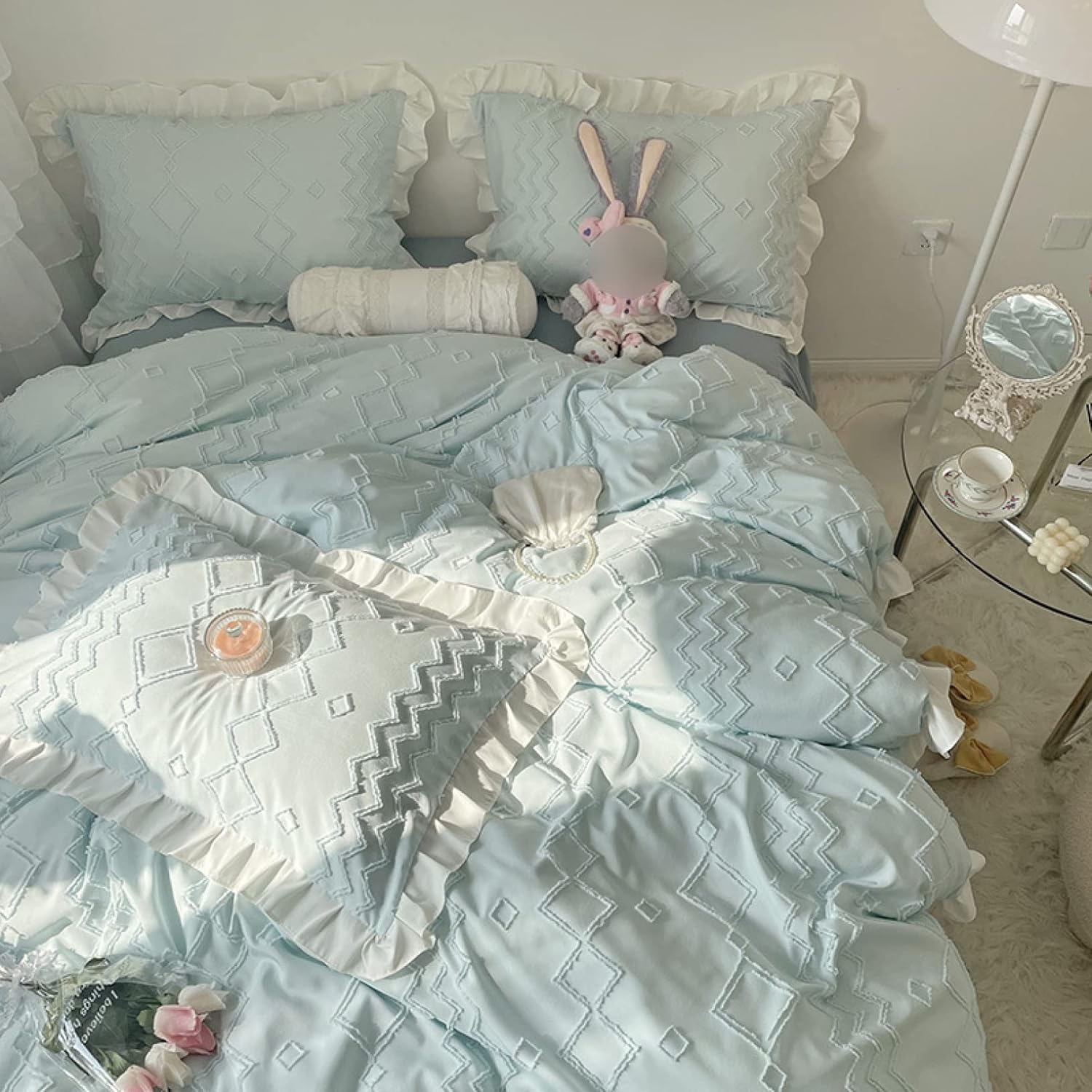 姫系 掛け布団カバー 4点セット 寝具カバーセット ピーチスキン加工 なめらか 和モダン 北欧 タイプ 洋式 無地 家庭用 フリル ベッドスカート シーツ ベッドカバー 枕カバー ピローケース2枚 肌｜Funny Life 店