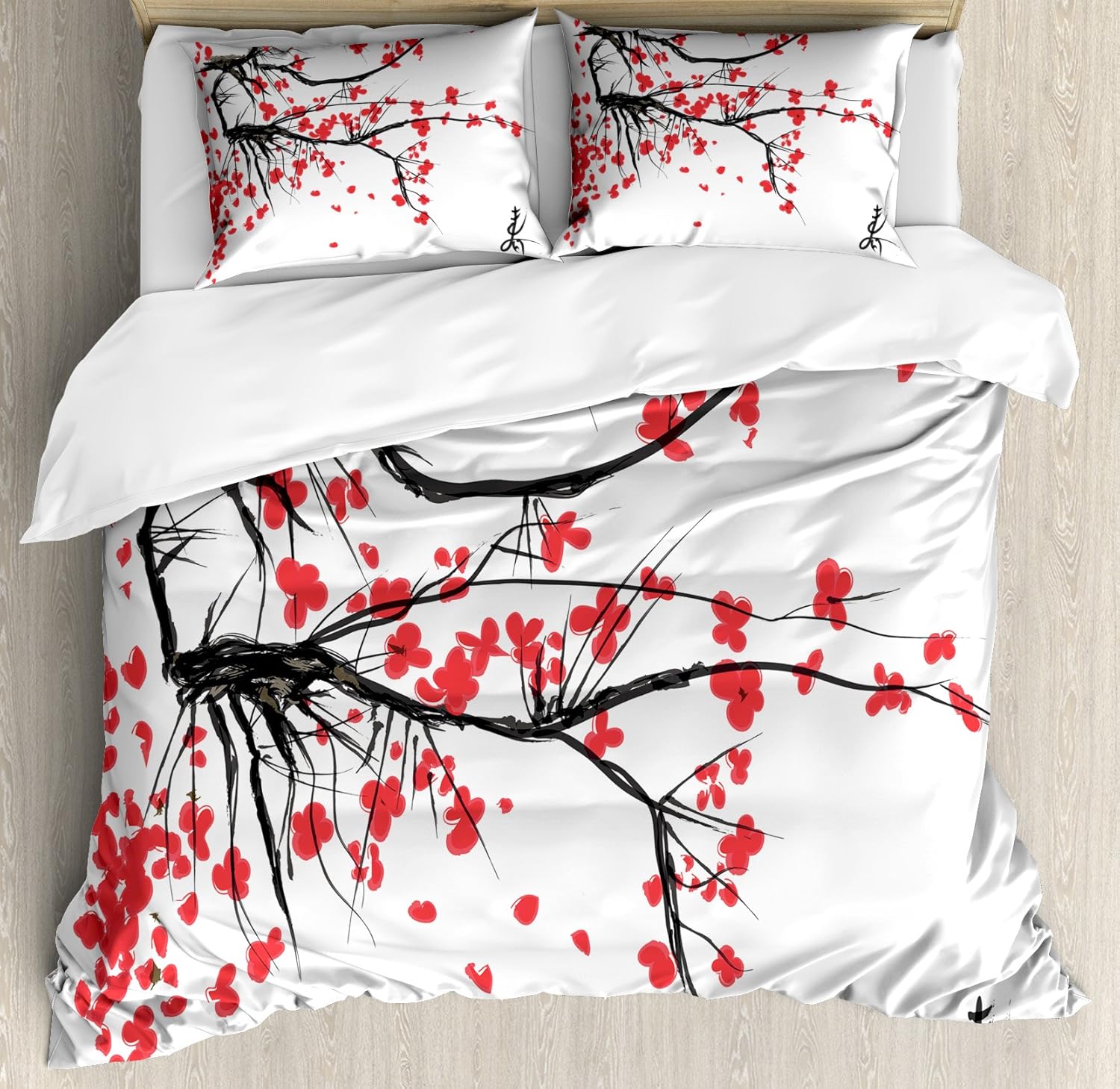 家インテリア布団カバーセットby Ambesonne、Sakura Blossom Japanese Cherry Tree Summertimeヴィンテージ文化アートワーク、装飾寝具セットwithピ
