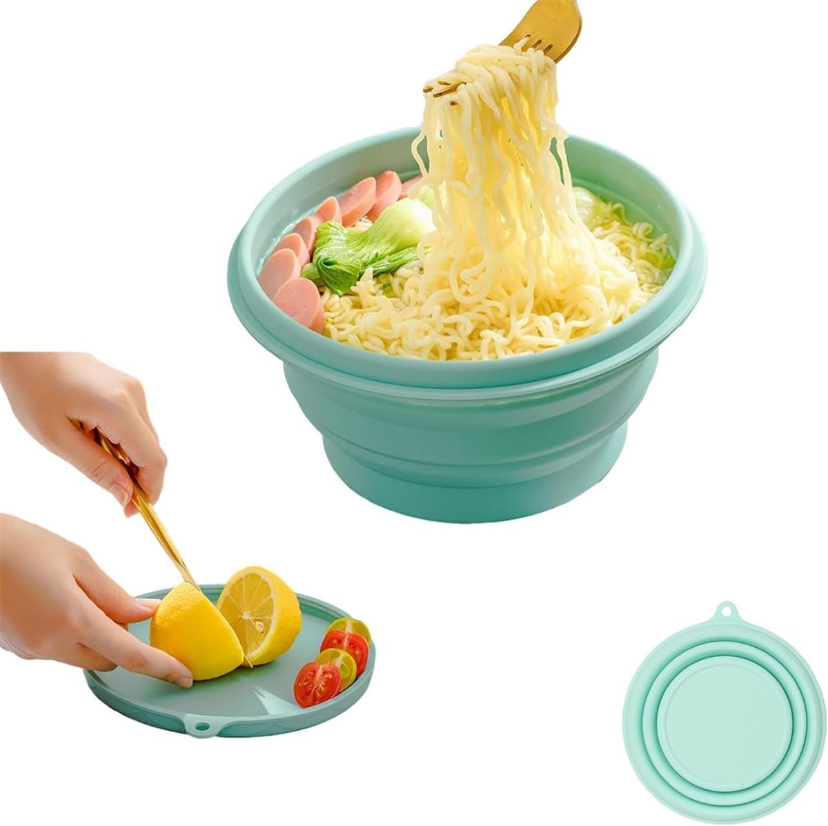 ボウル 折りたたみ式 折りたたみカップ シリコン食器 多機能 携帯に便利 耐熱 軽量 折り伸縮式 蓋付き 旅行 通勤 アウトドア スポー 旅行 キャンプ用 マイクロ波加熱対応 (グリーン 1000m