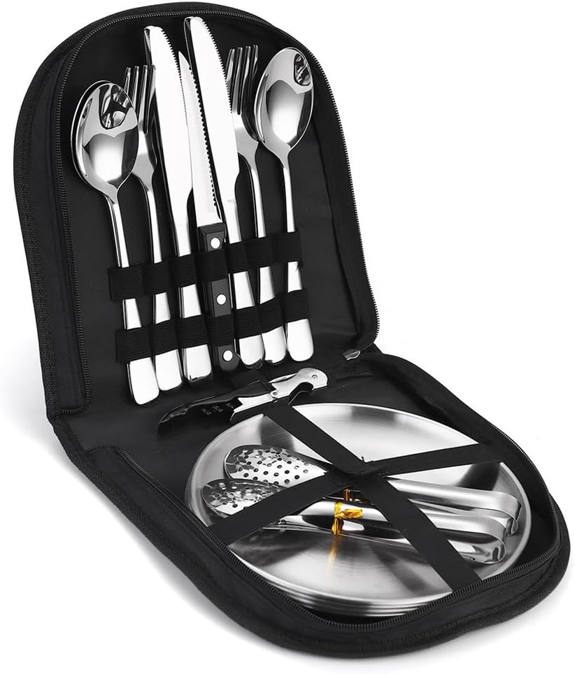(オフゲピ) キャンプ用銀食器キット カトラリーオーガナイザー 調理器具 ピクニックセット プレート スプーン ナイフ フォーク トング ハイ