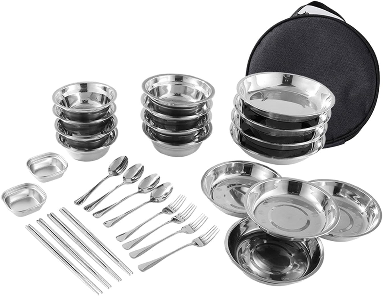 ステンレス鋼のプレートとボウル キャンプ用品セット 食器プレート 旅行や旅行用の軽量キャンプカトラリーセット｜Funny Life 店