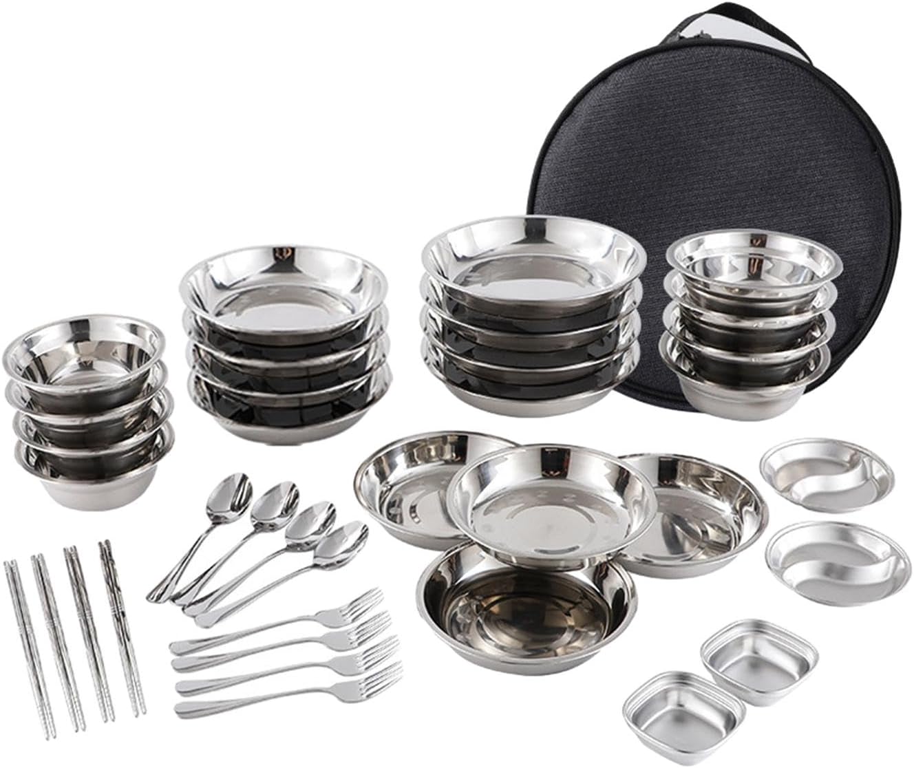 ステンレス鋼のプレートとボウル キャンプ用散らかりセット 食器類 キャリングバッグ付き キャンプ用具セット ピクニック BBQ 子供 大人用 36個｜Funny Life 店