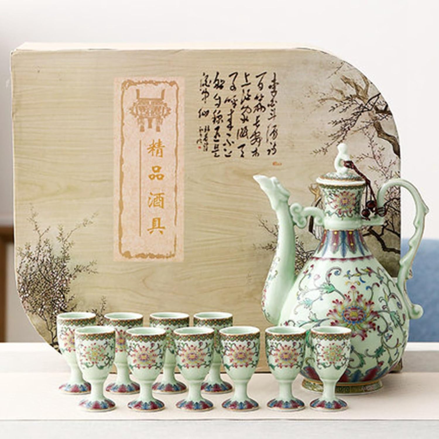 酒器セット とっくり おちょこ セット 徳利セット お猪口セット エナメル 花柄 手描き チャイナ風 宮廷風 持ち手付き エレガント おしゃれ 上の贅沢 日本酒 冷酒 陶器 還暦祝い ギフトセット プ｜Funny Life 店