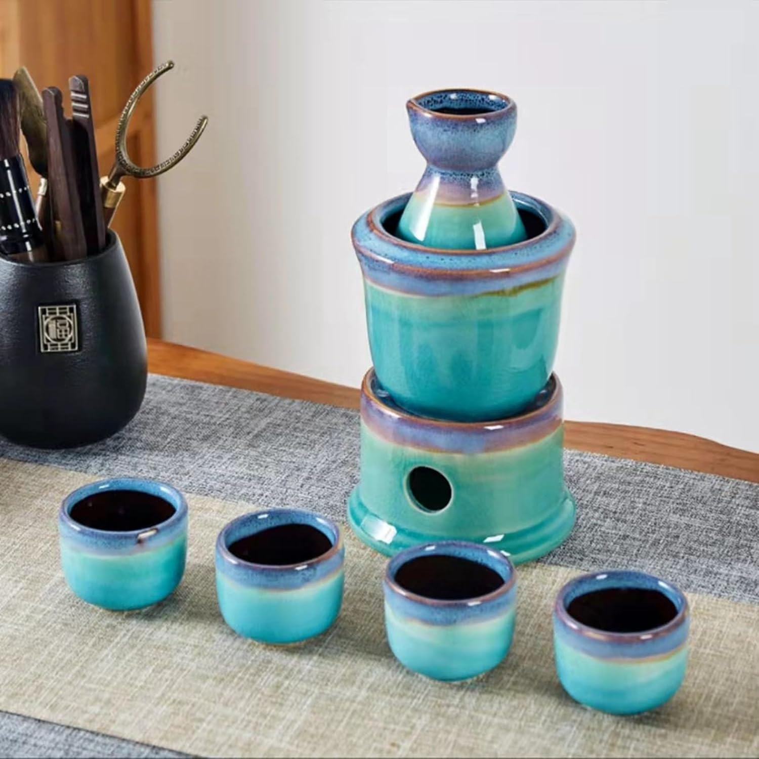 7点セット 酒器セット 陶器 徳利 花柄 猪口 ぐい呑 おちょこ 日本酒用 熱燗セット 燗器 ボトル お酒入れ 徳利１個 ぐい呑み4個セット 日式 クラシック 電子レンジOK 贈物 ギフト 花見 冷酒｜Funny Life 店