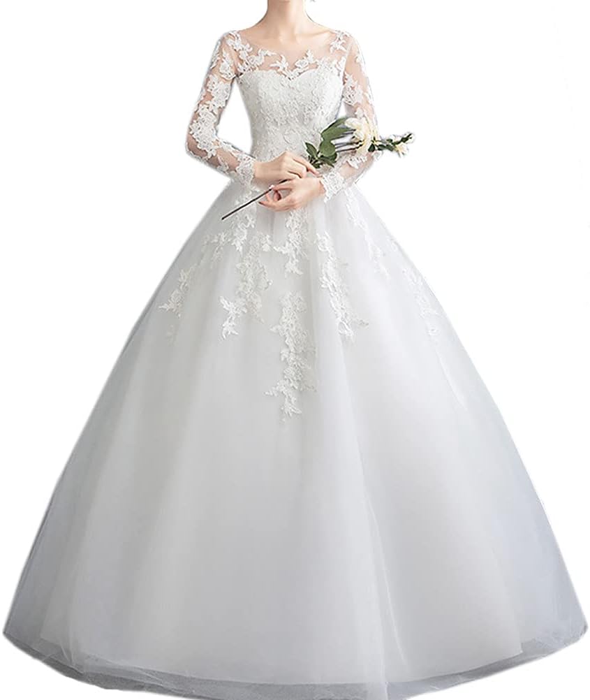 レディース 花嫁ワンピース ドレス ウェディングドレス チュールワンピース レースワンピース プリンセスワンピース 結婚式 立体な花柄刺繍 エレガント フォーマル (ホワイト L)