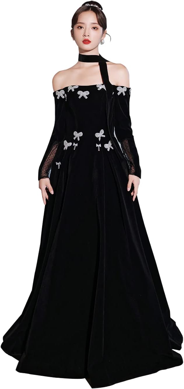 刺繍い洋服パーティードレス一字の肩 ビロード ワンピース レディース長袖 着痩せ パーティドレス ロング丈 カクテルドレス