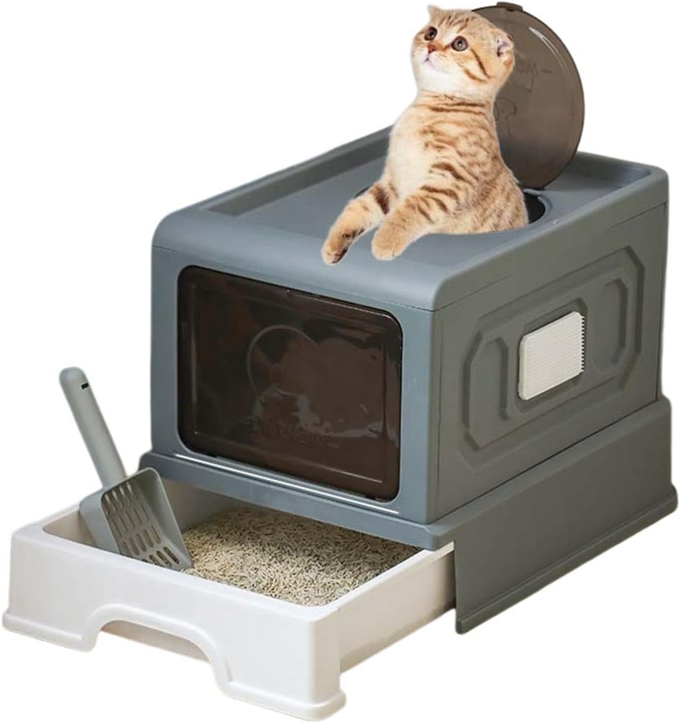 猫用トイレ スクープ付き 38*50*38cm 猫用トイレ フード付き トイレセット 折りたたみ式 組み立て簡単 猫用トイレ お手入れが簡単 2ドア リークサンドホール デザイン 上から引き出し式 グ｜Funny Life 店