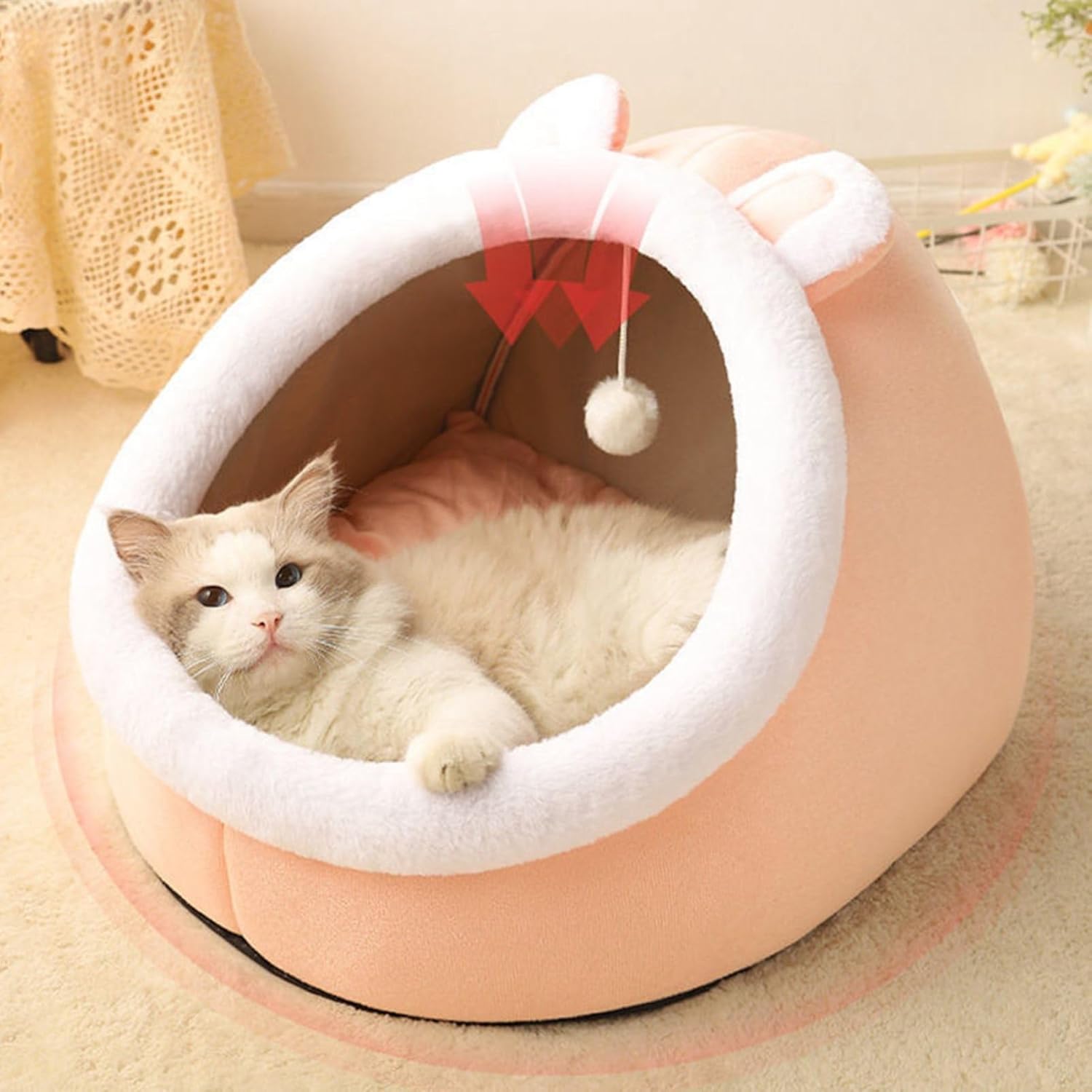 ドーム型 ペットクッション ペットベッド 通年 滑りにくい裏生地 猫柄 おもちゃ付き ペットクッション 犬用 猫 キャットベッド 室内 お手入れ簡単 耐え噛み 猫用ベッド 犬ハウス 気持ちよくリラック