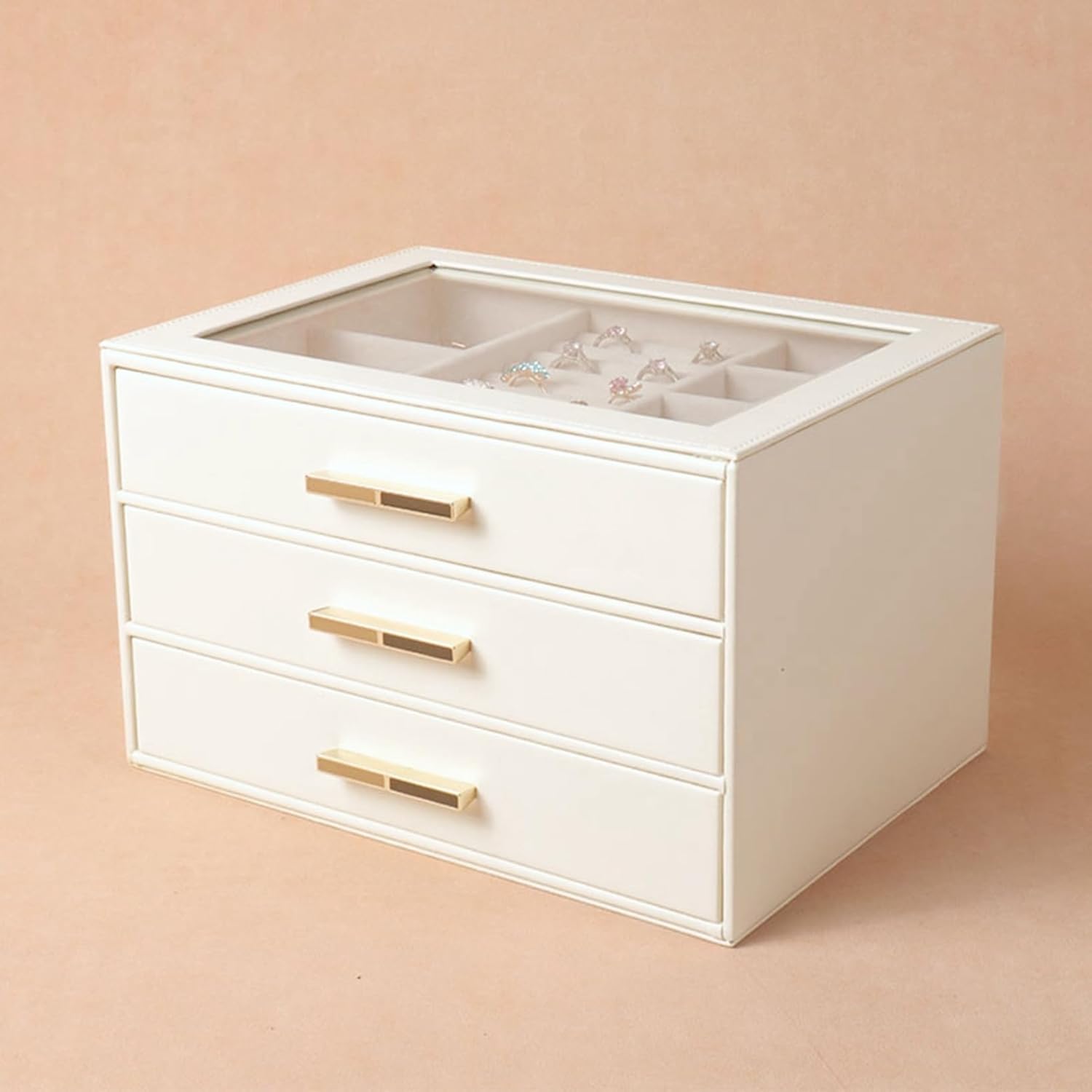 ジュエリーボックス アクセサリーケース 3 層 大型 天窓付き 宝石箱 PUレザー ネックレス ブレスレット 大容量 頑丈 エレガント レディース 引き出し式 防塵 収納に便利 ディスプレイ用 25*