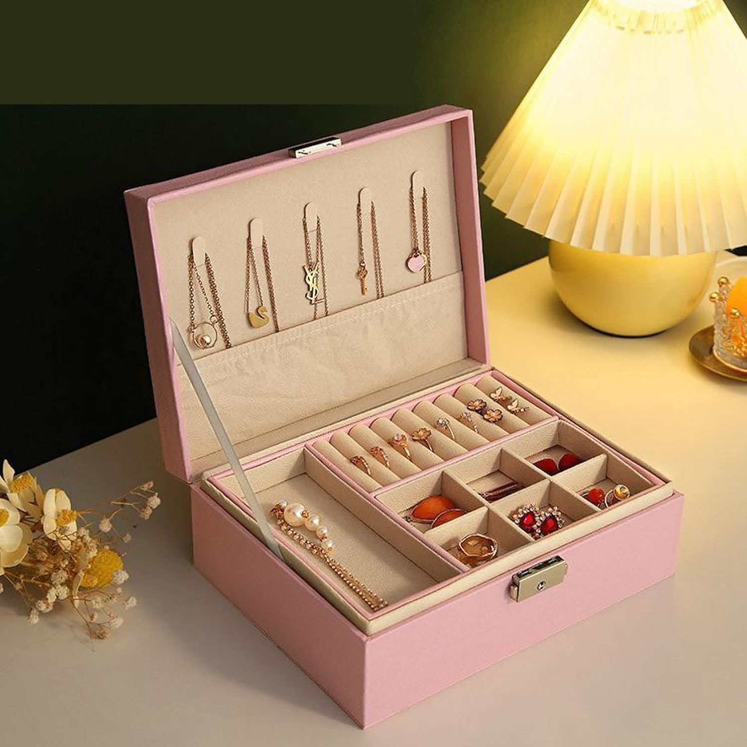 宝飾品ボックス席 付属品容れもの 2層 鍵付き添い人 大型 容れもの 雅びやか ピアス ビーズ 大収容能力 牢固たる レディース 洋服箪笥抽き出し用 小物取り片づける 差し上げ物 バレンタイン 一緒になるお祝い 差し上げ物 2 ジュエリー・アクセサリー-ジュエリー・アクセサリー用品-収納ボックス・ケース