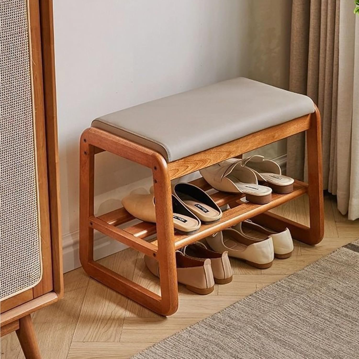 玄関ベンチ 木製 無垢材 100*34*42cm 北欧 天然木 シューズラック 収納ベンチ 玄関スツール 木目2 シューズボックス 靴収納 椅子 省スペース 組み立て簡単 サポートチェア 腰掛 腰掛椅|Funny Life 店