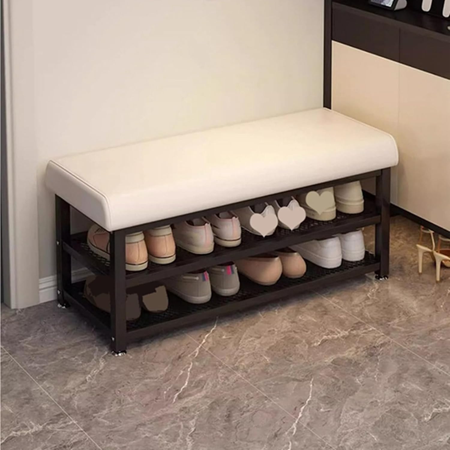 玄関ベンチ シューズラック 60*32*51cm 収納ベンチ 玄関椅子 2段 ベージュ 座面クッション おしゃれ 靴収納 靴入れ 下駄箱 荷物置き 腰掛け スリッパラック スツール チェア エントラン