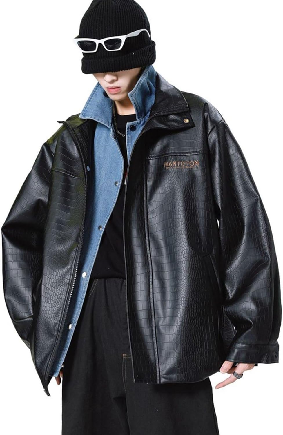バイク ジャケット pu クロコダイル柄 s-2xl デニム パッチワーク 革ジャン レイヤード ライダースジャケット 裹起毛 メンズ 厚手&薄手 レザージャンパー 皮ジャン 保温 PUレザーパーカー