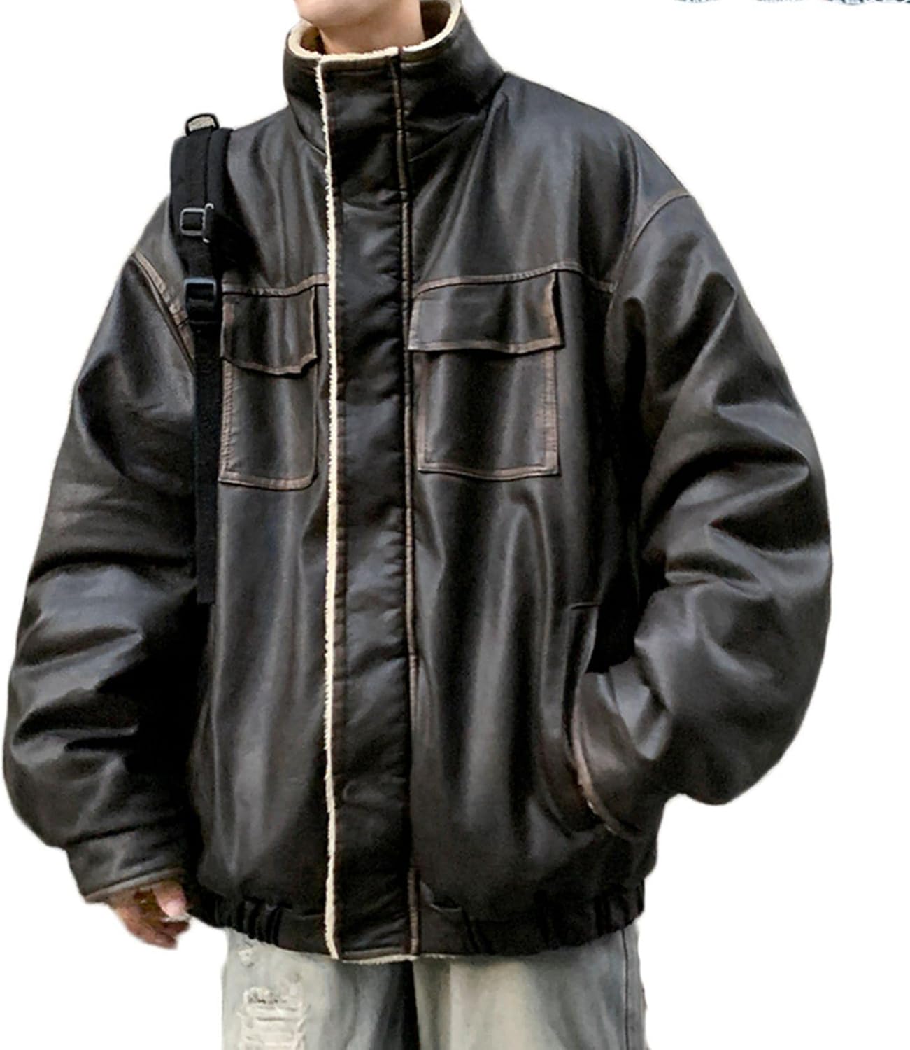 メンズ 裏ボア フェイクレザー 上衣 ボア上衣 ライダースジャケット 自動二輪車上衣 秋服 冬服 毛皮 雨合羽 点火装置 ゆったり 防風 ビッグ影ぼうし ヴィンテージ 革厚地の外套 牟礼