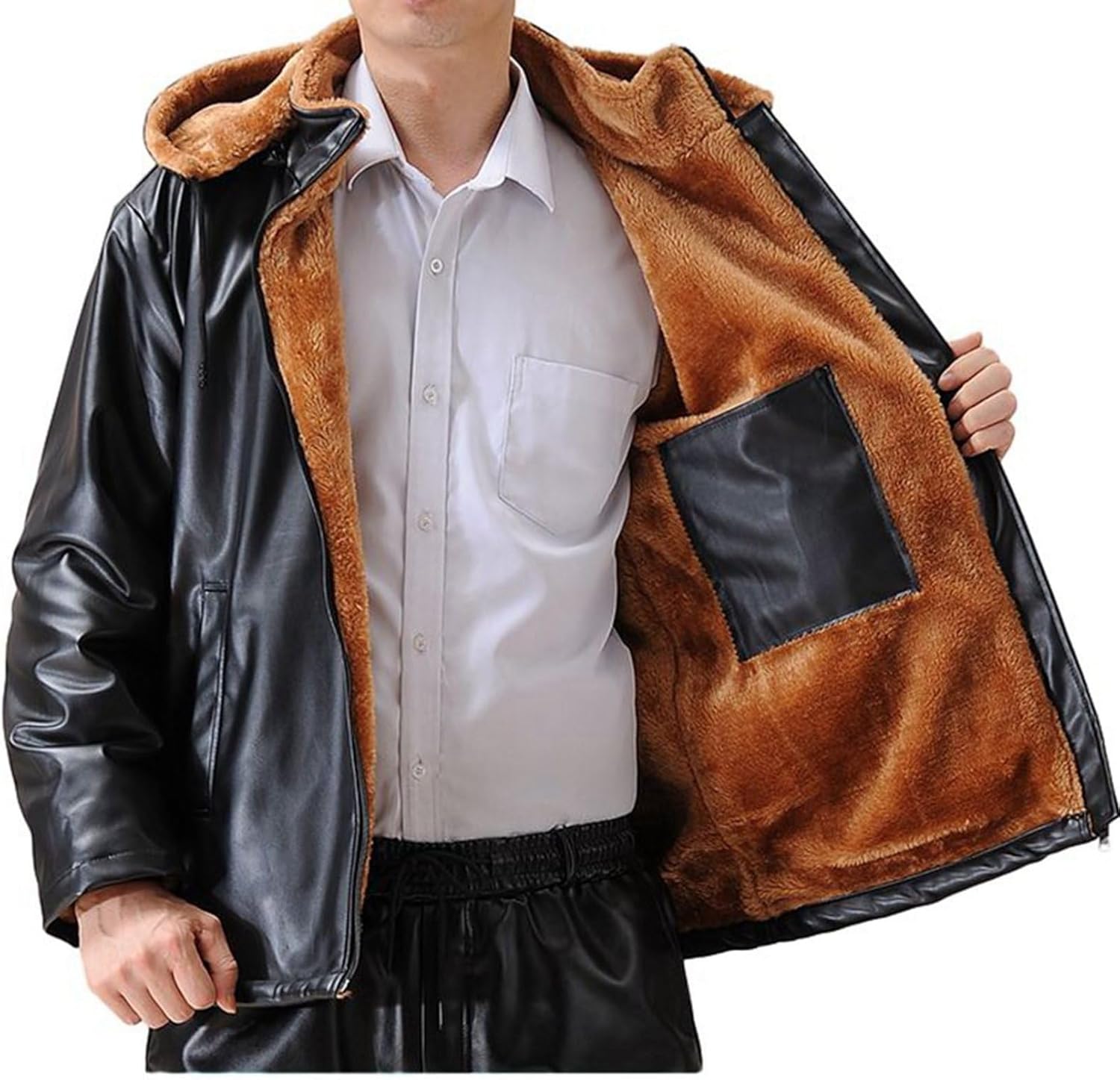 立ちネックレザージャケット 5xl ボンネット付き添い人 メンズ 取りはずし能力のある フェイクレザー 上衣 上衣 革ジャン ジップアップ 長袖 裏ボア 秋 冬服 防風 撥水 ボア上衣 自動二輪車お召しもの コート・ジャケット-メンズファッション