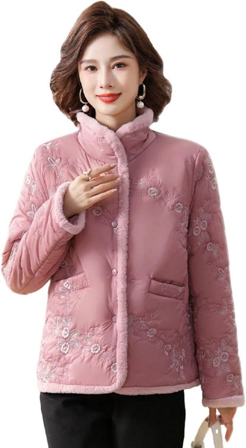中綿ジャケット 刺繍ジャケット ファー付き 花 花柄 レディース トップス 綿入りジャケット 婦人服 シニアアウター 長袖 タートルネック 厚い 保暖保温 綿服 秋冬 耐洗 女性用 エレガント｜Funny Life 店
