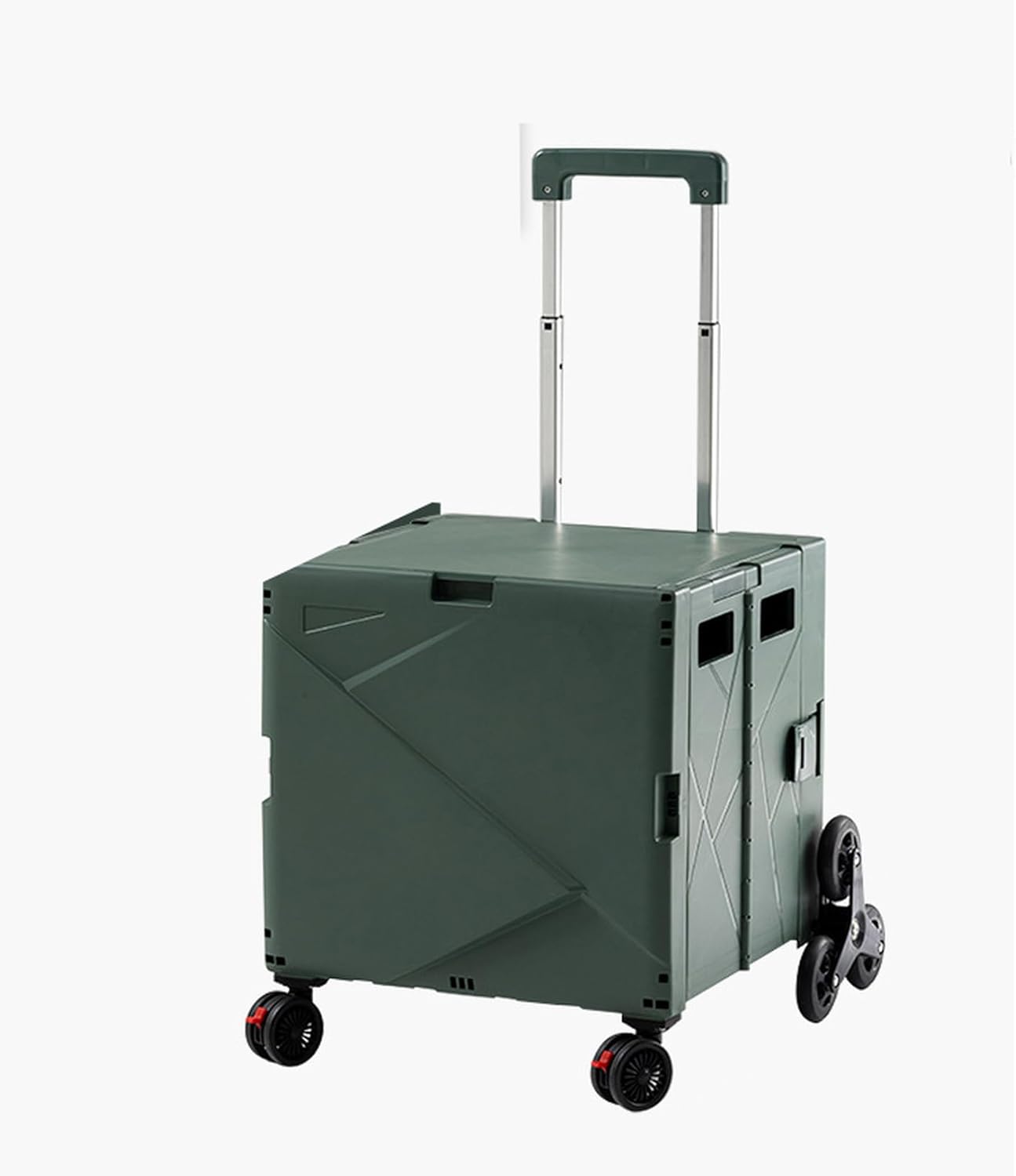折りたたみ キャリーカート ショッピングカート コンテナキャリー ダークグリーン 耐荷重 軽量 台車 静音 コンパクト 蓋付き 座れる キャンプ用 家庭用 飛び出し防止 簡単組立て 簡単取り付け 折り