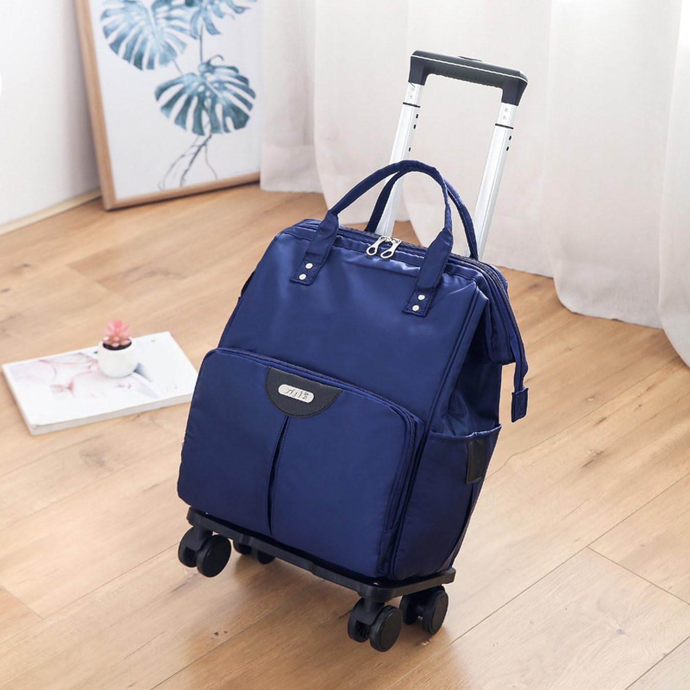 ショッピングカート キャリーバッグ 買い物カート エコバッグ 2way 手提げ 無地 ダークブルー 可愛い 折りたたみ式 防水 大容量 伸縮式ハンドル 食料品バッグ M 家庭用 キャリーカート 旅行｜Funny Life 店