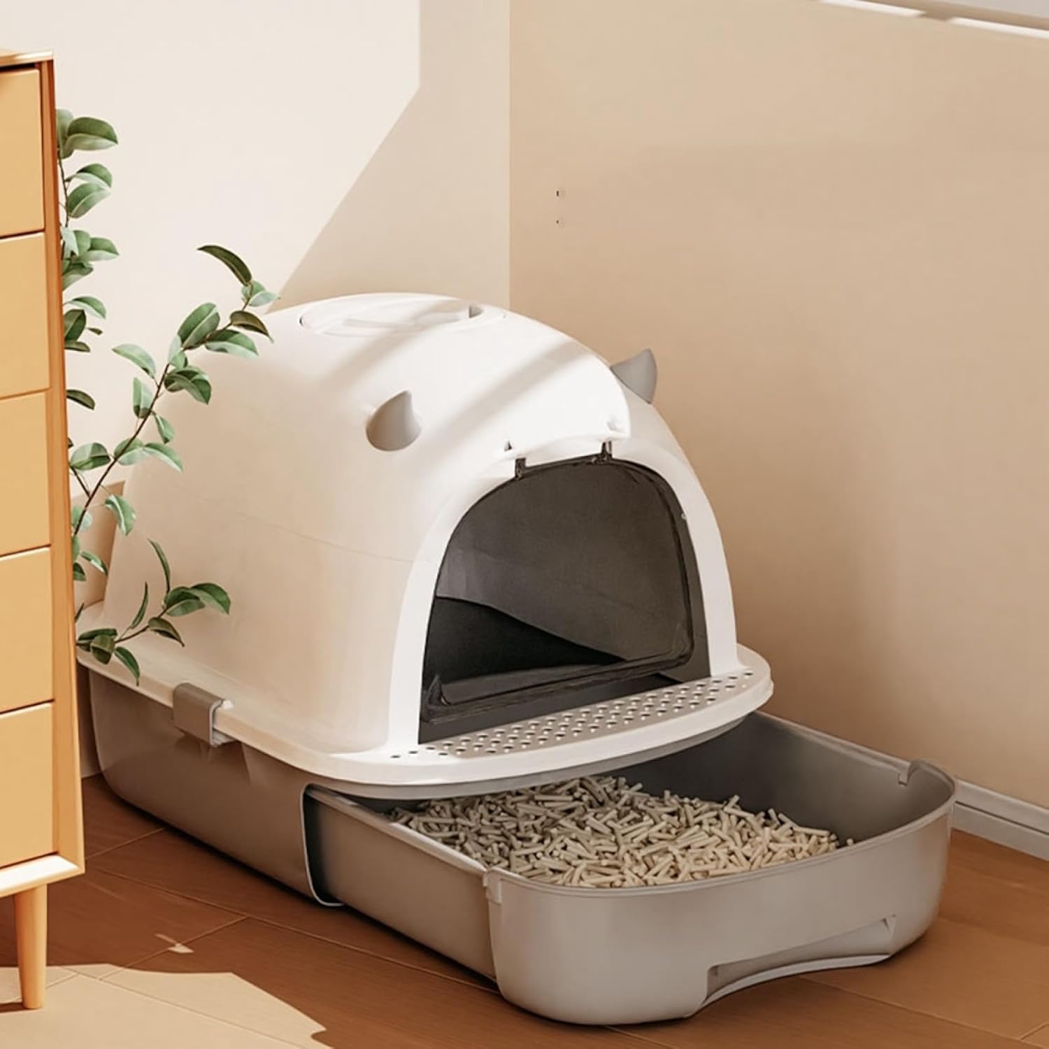 猫トイレ 猫用トイレ本体 ドームタイプ 大型 大容量 引き出し式 掃除簡単 コンパクト 砂飛び散り防止 ワイド 抗菌防臭 お手入れ簡単 キャット用トイレ 猫砂ボックス ニャンとも清潔トイレ グレー|Funny Life 店