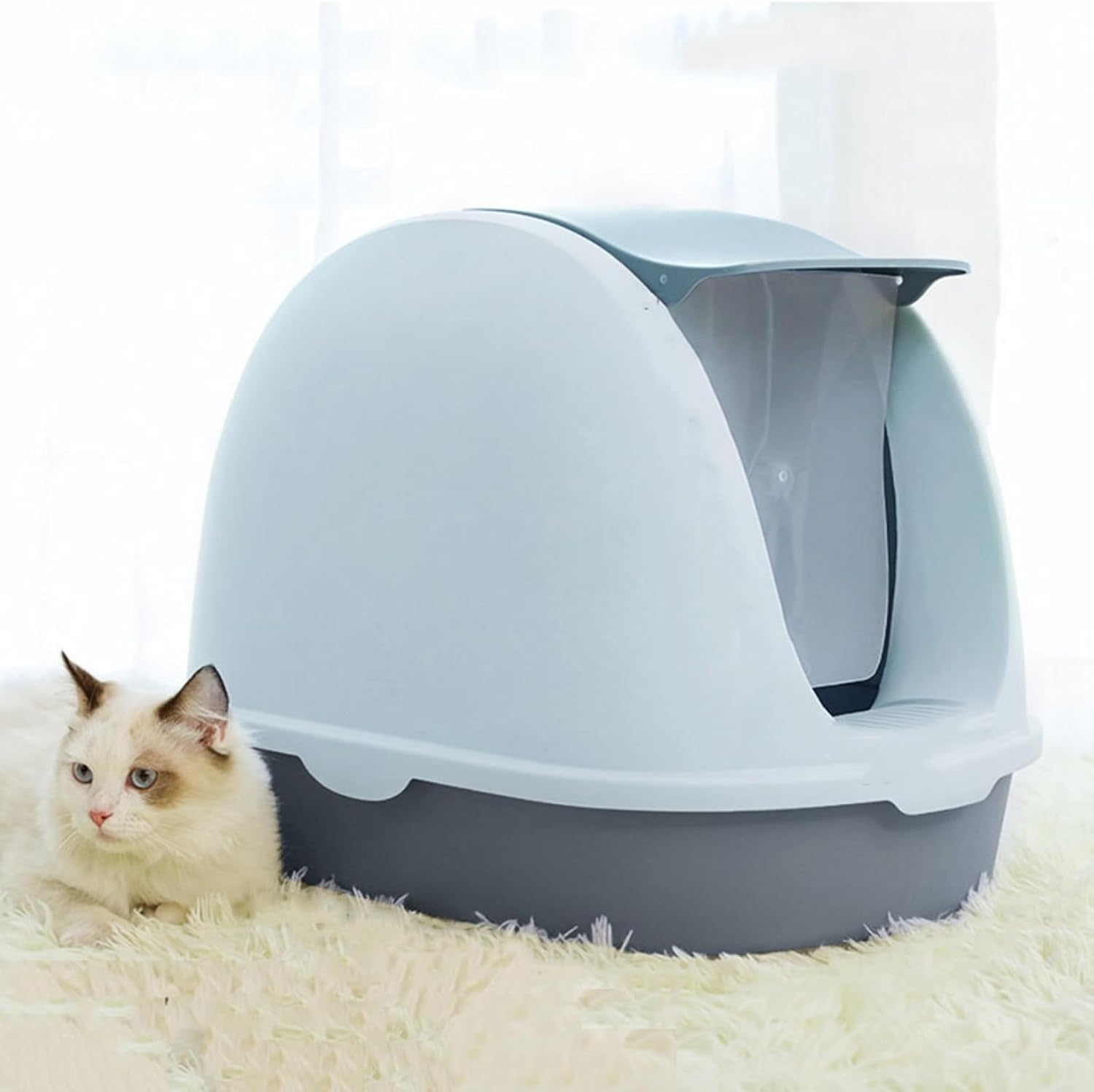 猫トイレ 前入り式 猫トイレ本 ドーム型 大型 密閉型 猫砂の飛び散り防止 広々サイズ 掃除簡単 ふた付き 抗菌 防臭 スペース広い コンパクト 猫用品 ニャンとも清潔トイレグレー 39x56x42c