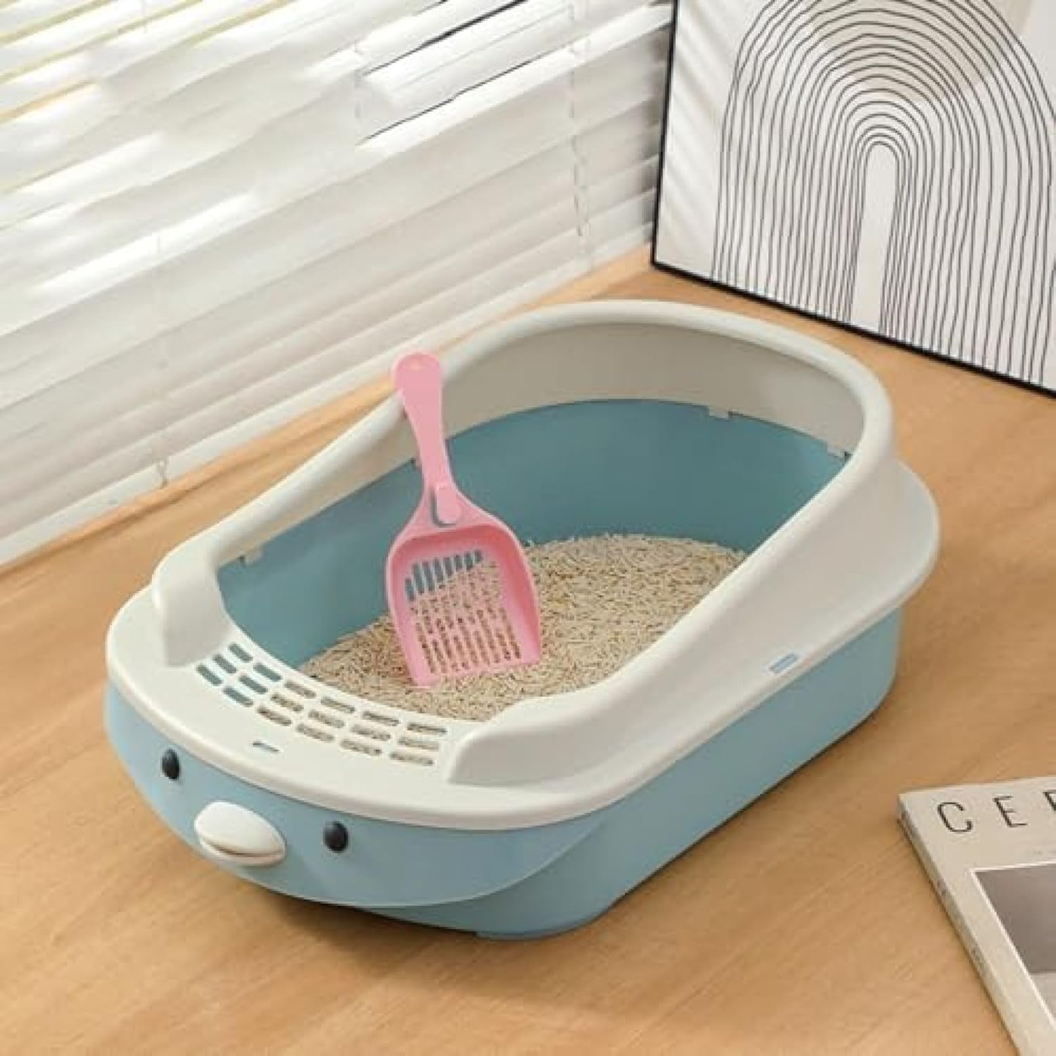 猫トイレ 猫用トイレ本体 かわいい 大きいサイズ オープンタイプ ハーフカバー 飛び散り防止 漏れ砂穴設計 スコップ付き ネコトイレ 取り外し可能 お手入れ簡単 ワイドサイズ 耐久性 無害無臭 軽量